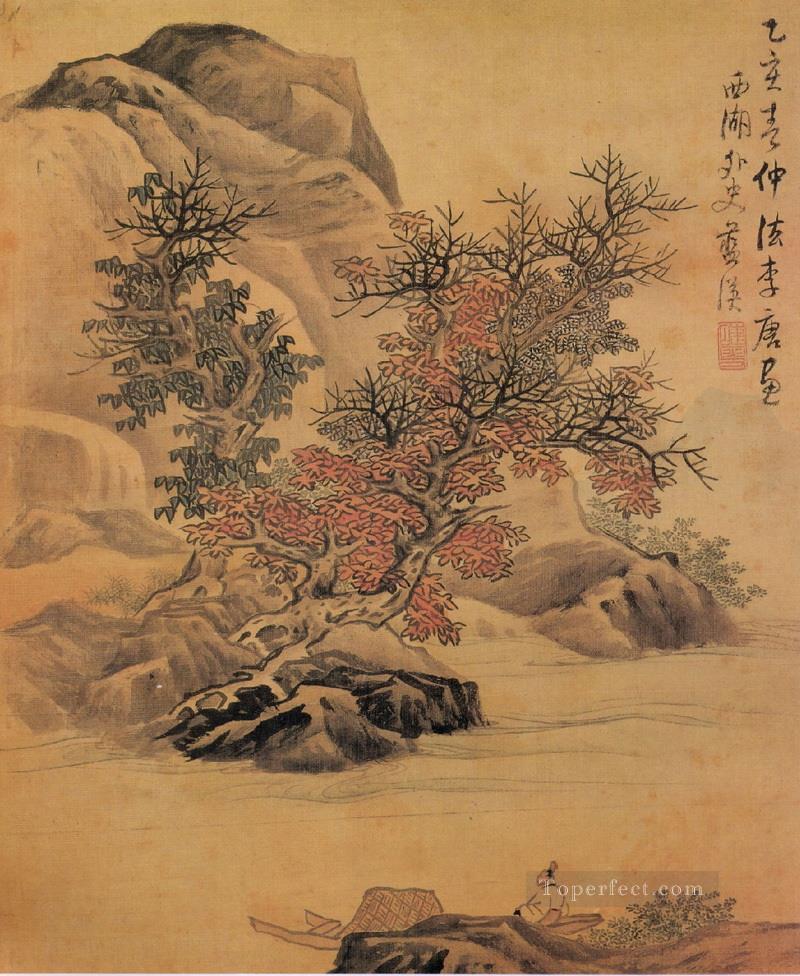 李唐の古い中国の水墨画の後の風景油絵
